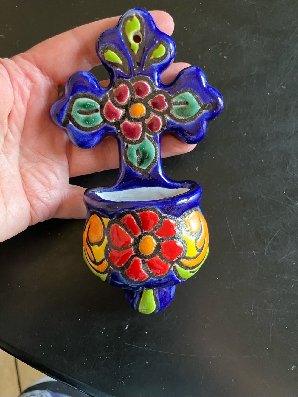Handmade Blue Floral Ceramic Holy Water Font - Unbranded